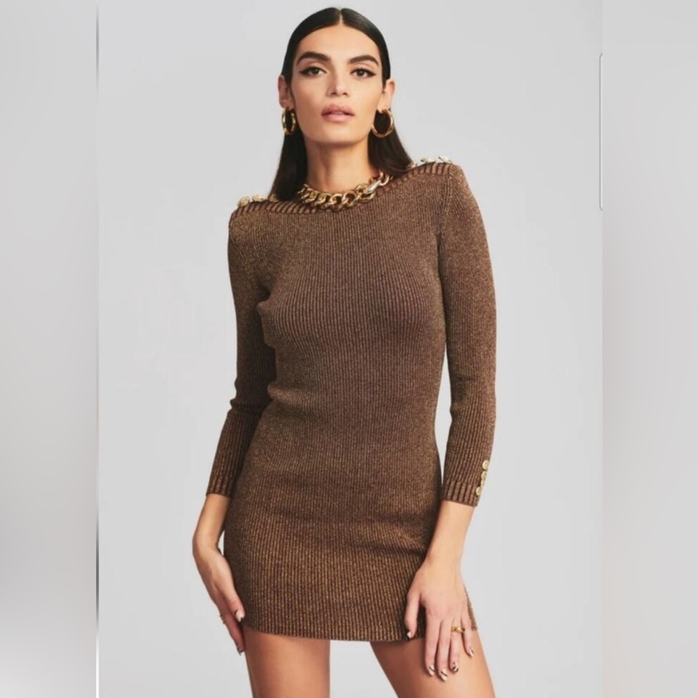 Retrofete Avenue Rib Knit Dress in Metallic Cognac Size M Long Sleeve Mini NWT